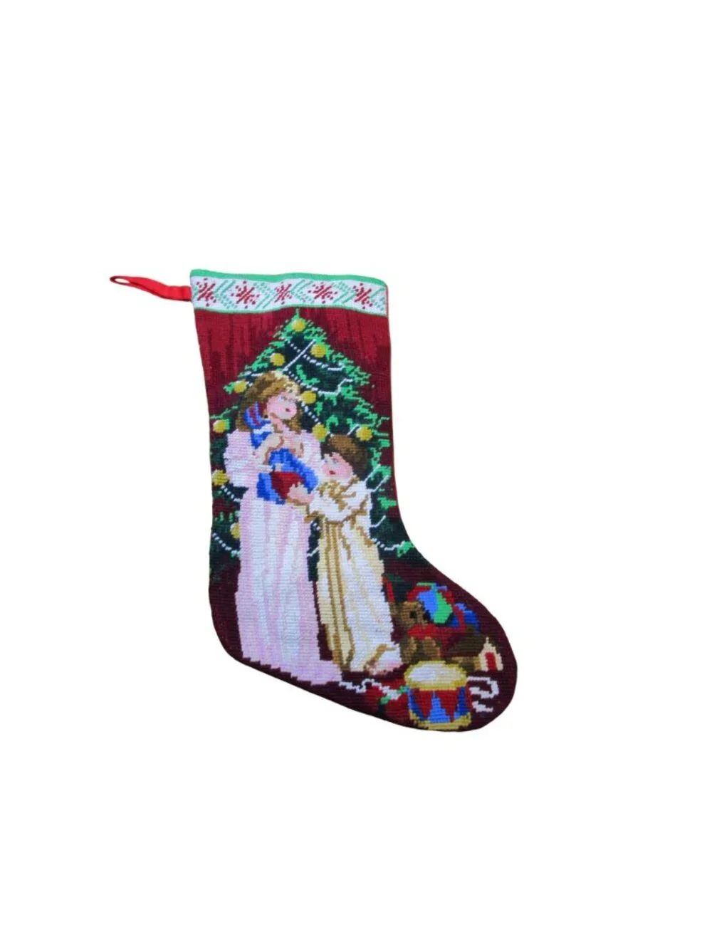 Vintage Christmas Needlepoint Stocking Victorian Children Toys  Red Back